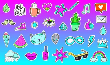 Büyük Buhar Dalgası Renkli Modern Yamalar veya Etiketler. Moda cyan morumsu bantlar. Çizgi film 80 'ler - 90' lar gerileme tarzı. Vektör illüstrasyonu.