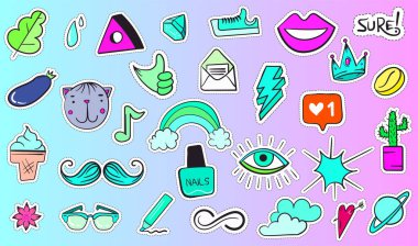 Büyük Buhar Dalgası Renkli Modern Yamalar veya Etiketler. Moda cyan morumsu bantlar. Çizgi film 80 'ler - 90' lar gerileme tarzı. Vektör illüstrasyonu.