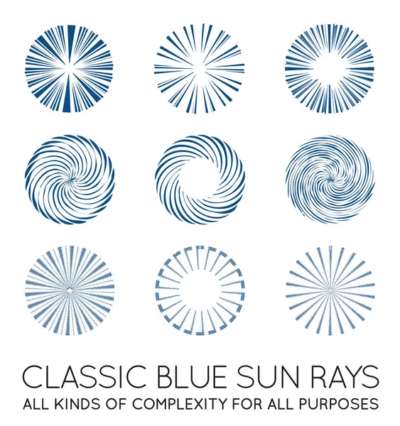 Ensemble Rayons Soleil Vectoriels Sunburst Couleur Bleu Classique Mode — Image vectorielle