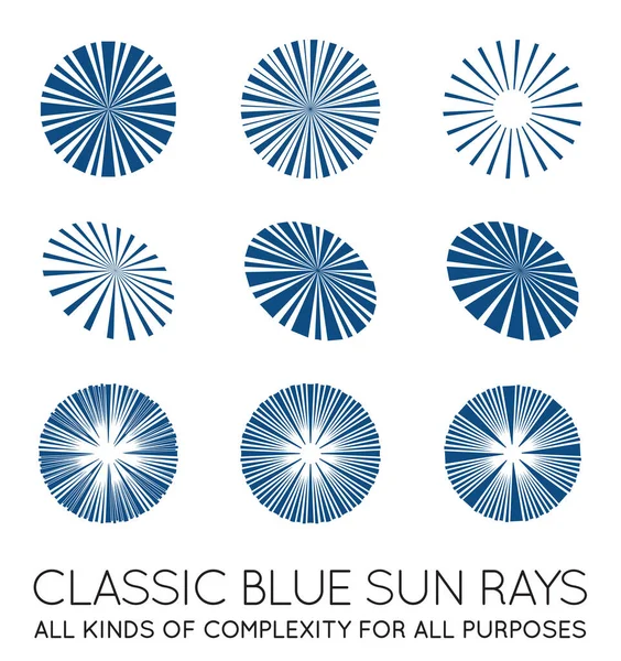 Set Raggi Sole Vettoriali Sunburst Colore Blu Classico Alla Moda — Vettoriale Stock