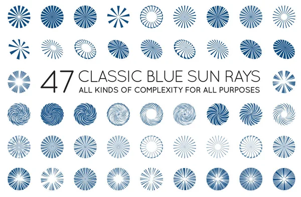 Ensemble Rayons Soleil Vectoriels Sunburst Couleur Bleu Classique Mode — Image vectorielle