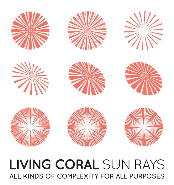 Ensemble Rayons Soleil Vectoriels Sunburst Couleur Corail Tendance — Image vectorielle