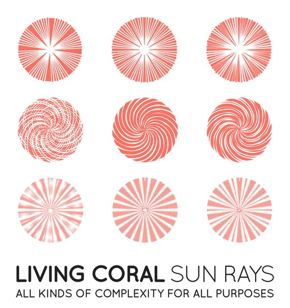 Set Med Sunburst Vector Strålar Sol Trendig Korall Färg — Stock vektor