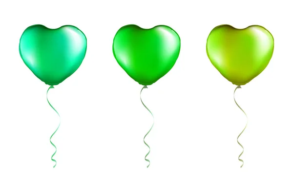 Set Green Heart Alakított Fólia Léggömbök Átlátszó Fehér Alapon Parti — Stock Vector
