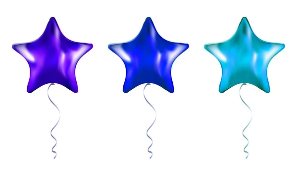 Set Van Purple Blue Star Shaped Folieballonnen Transparante Witte Achtergrond — Stockvector