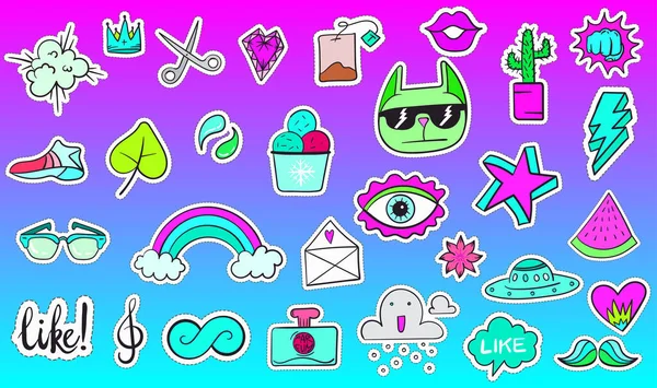 Big Set Vaporwave Styled Colorful Modern Patches Stickers Fashion Cyan — Stock Vector