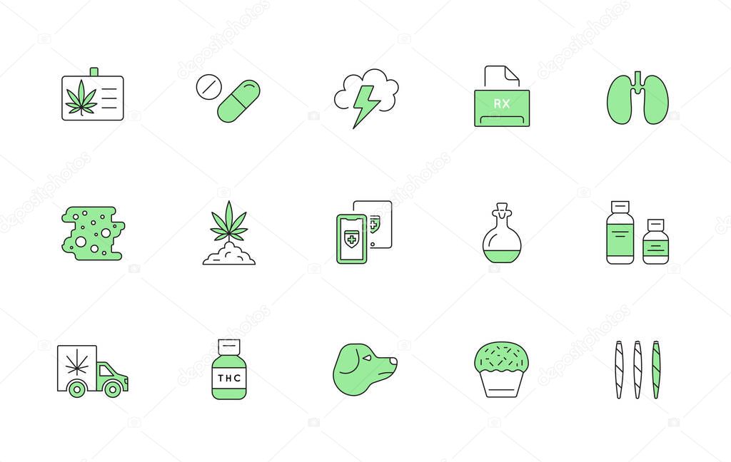 Cannabis Production and Shopping Product Icons, Growing. Vector.