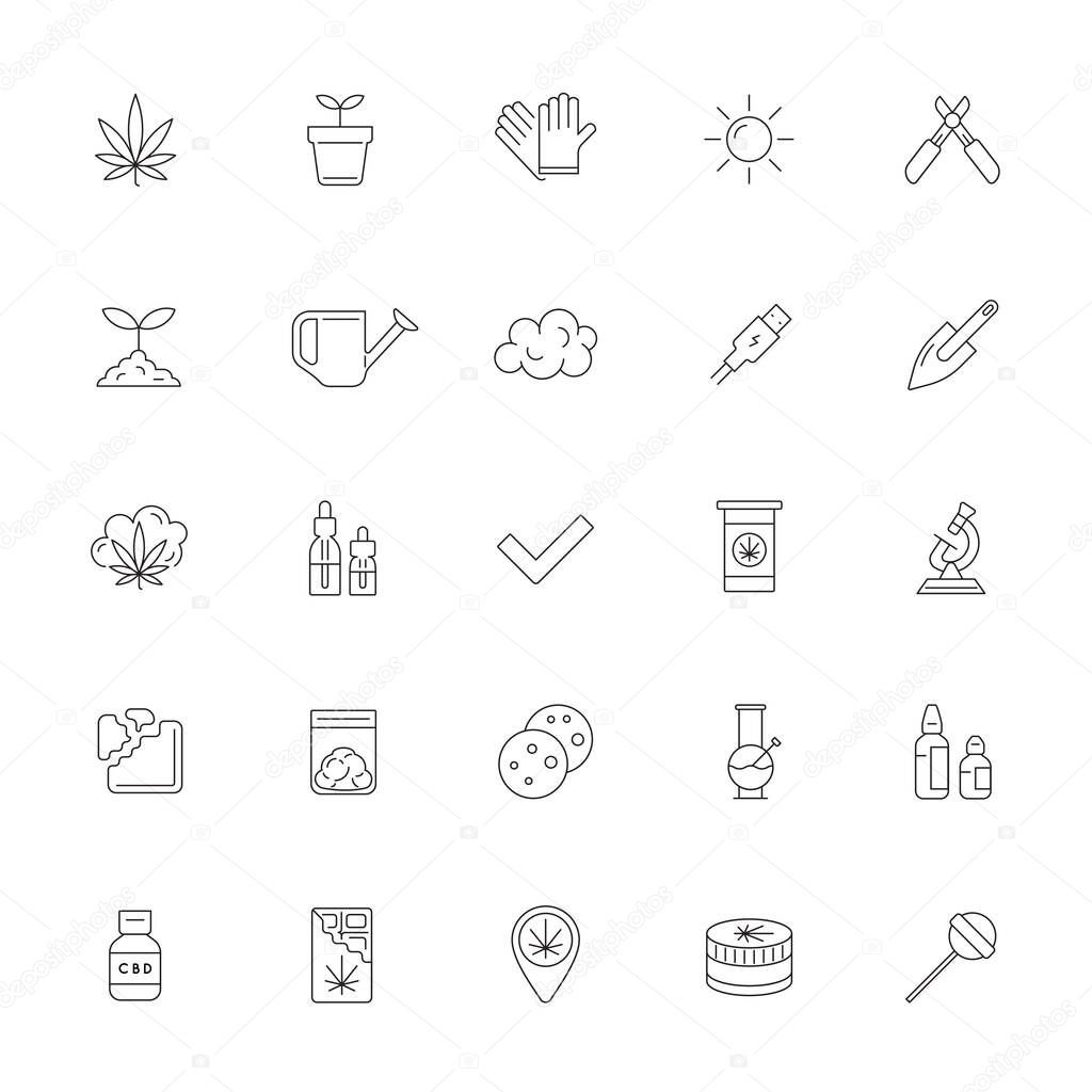 Cannabis Production and Shopping Product Icons, Growing. Vector.