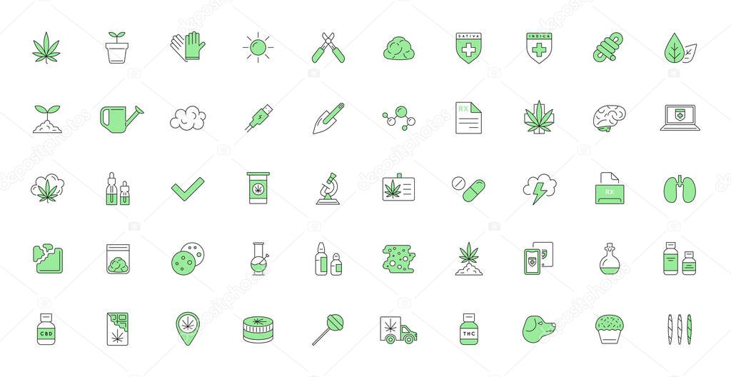 Cannabis Production and Shopping Product Icons, Growing. Vector.