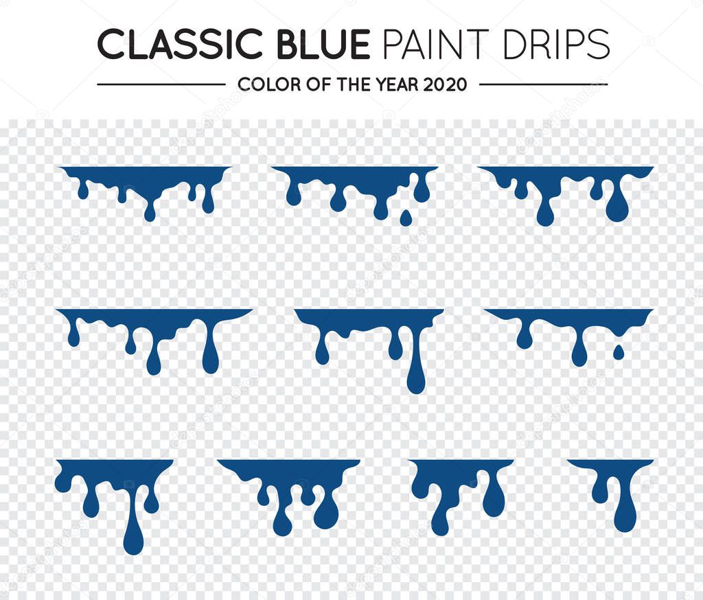 Classic Blue Dripping Paint Set. Liquid Drips. Paint Flows. Stains. Current Drops. Inks. Vector illustration. 