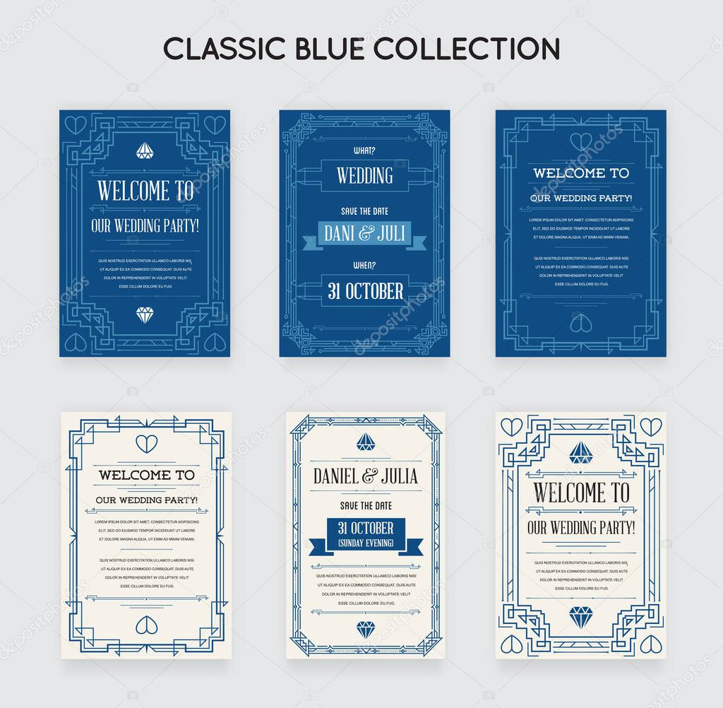 Set of Great Gatsby Style Invitation in Art Deco or Nouveau Epoch 1920's Gangster Era Collection. Trendy Classic Blue Color.