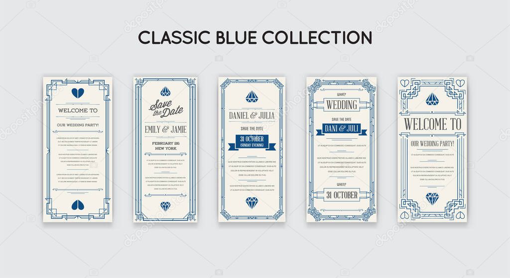 Set of Great Gatsby Style Invitation in Art Deco or Nouveau Epoch 1920's Gangster Era Collection. Trendy Classic Blue Color.