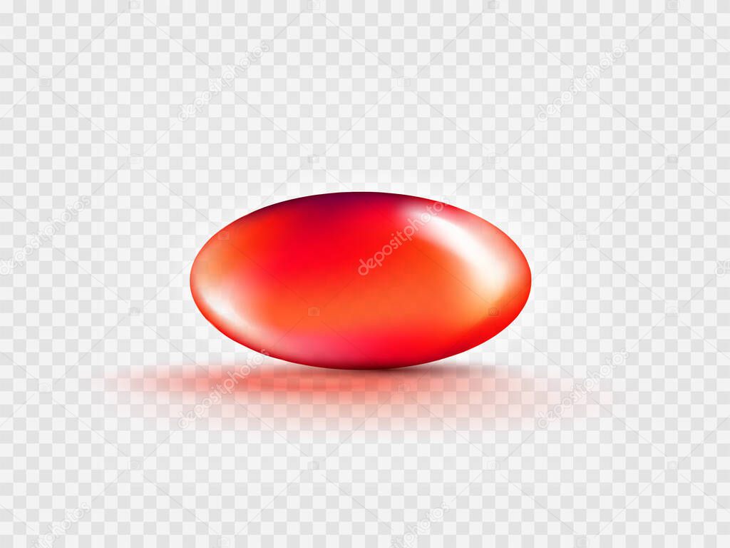 Liquid Gel Red Oval Bubble Capsule isolated on transparent background. Cosmetic oil capsule of vitamins and minerals. Realistic vector.