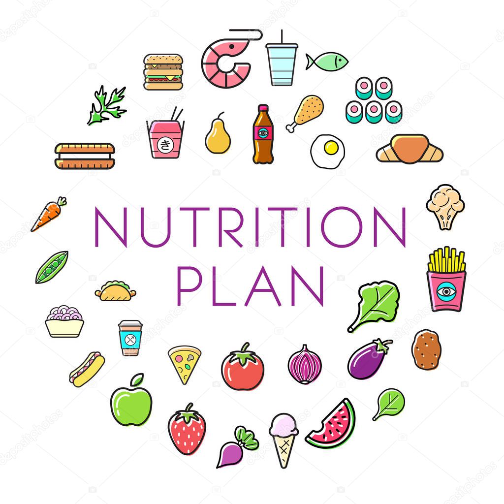 Nutrition Plan Icons with Sign in Circle Shape, Infographic. Vector Illustration Set.