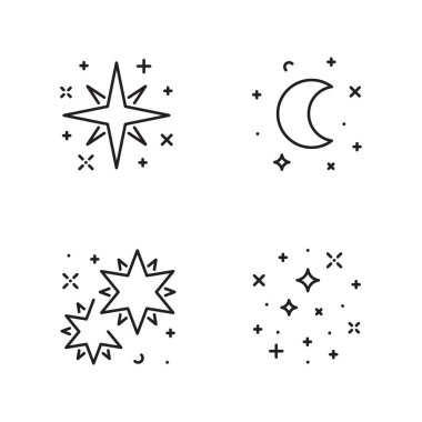 Beyaz üzerinde izole edilmiş ışıldayan ve ışıldayan uzay nesnelerinin çizgi simgeleri