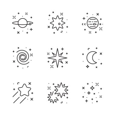 Beyaz üzerinde izole edilmiş ışıldayan ve ışıldayan uzay nesnelerinin çizgi simgeleri