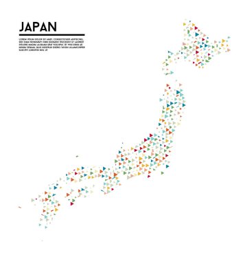 Geometrik basit minimalist stil Japonya haritası arka planı. Beyaz arkaplanda renkli üçgenler. İş tasarımınız için üçgen desen. Vektör.