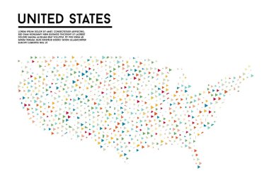 Geometrik basit minimalist stil Amerika Birleşik Devletleri harita arka planı. Beyaz arkaplanda renkli üçgenler. İş tasarımınız için üçgen desen. Vektör.