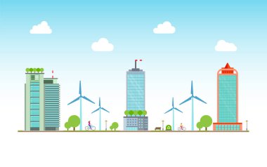 Kentsel Ekoloji. Çevresel olarak saf şehir manzarasında bisikletli insanlar. Bisiklet yolu. Vektör.