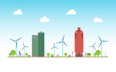 Kentsel Ekoloji. Çevresel olarak saf şehir manzarasında bisikletli insanlar. Bisiklet yolu. Vektör.