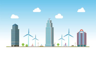 Kentsel Ekoloji. Çevresel olarak saf şehir manzarasında bisikletli insanlar. Bisiklet yolu. Vektör.