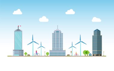 Kentsel Ekoloji. Çevresel olarak saf şehir manzarasında bisikletli insanlar. Bisiklet yolu. Vektör.