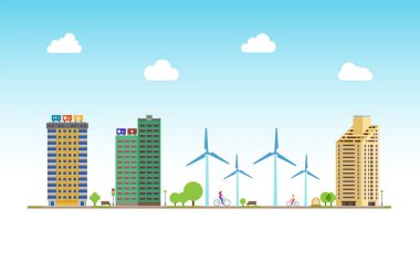 Kentsel Ekoloji. Çevresel olarak saf şehir manzarasında bisikletli insanlar. Bisiklet yolu. Vektör.