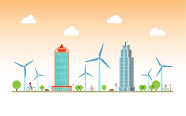 Kentsel Ekoloji. Çevresel olarak saf şehir manzarasında bisikletli insanlar. Bisiklet yolu. Vektör.