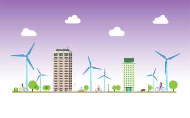 Kentsel Ekoloji. Çevresel olarak saf şehir manzarasında bisikletli insanlar. Bisiklet yolu. Vektör.