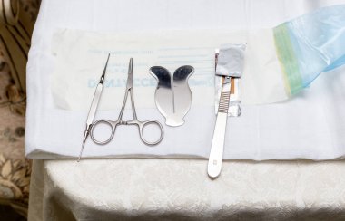 Tools for circumcision. Scissors. knife. And protector clipart