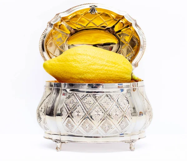 Etrog Con Scatola Argento Sfondo Bianco — Foto Stock