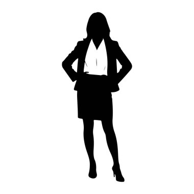 Elleri kalçasında duran siyah siluet bir kadın. O, yüksek topuklu bir ceket, bir bluz ve bir etek giyiyor. Siluet düz beyaz bir arkaplan üzerinde durmaktadır. Formu ve profesyonel giysiyi vurgulamaktadır..