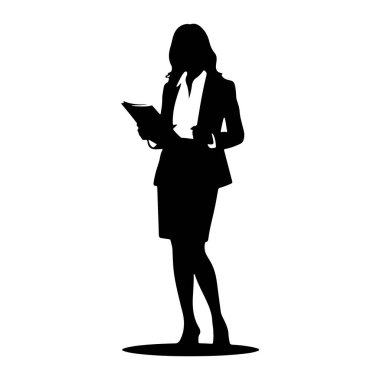 Profesyonel takım elbiseli bir kadının siyah silueti elinde bir yığın kağıt tutuyor. O bir ceket, etek ve bluz giyiyor. Siluet beyaz bir arkaplanda izole edilmiş..