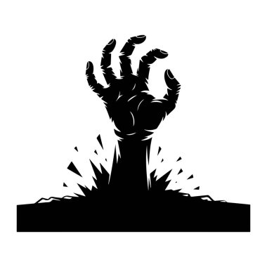 Kırık ve kırık bir zeminden uzun parmakları olan simsiyah bir el beliriyor. El yukarı doğru uzanır, keskin, pürüzlü kenarlarıyla yüzeyi delip geçer. Genel görüntü grafiksel ve illüstrasyoneldir. 