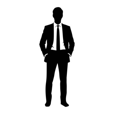 Elleri cebinde duran siyah bir adam silueti. O, resmi bir takım elbise ve beyaz bir gömlek giyiyor. Siluet beyaz bir arkaplanda izole edilmiş..