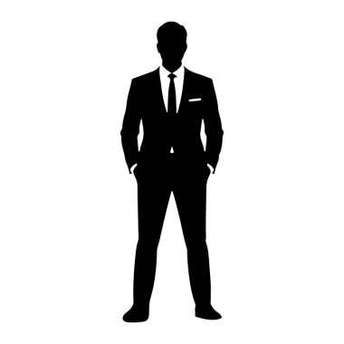 Elleri cebinde duran bir adamın siyah vektör silueti. O, ceket, gömlek ve kravat ile resmi bir takım elbise giyiyor. Siluet beyaz arka planda..