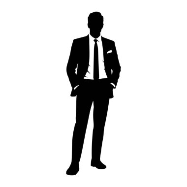 Siyah bir adam silueti elleri takım elbisesinin cebinde duruyor. O bir ceket, gömlek, kravat ve pantolon giyiyor. Arkaplan düz beyaz.