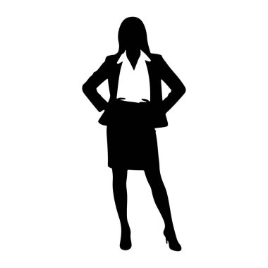 Elleri kalçasında duran siyah siluet bir kadın. O, yüksek topuklu bir ceket, etek ve bluzdan oluşan resmi bir iş elbisesi giyiyor. Siluet beyaz bir arkaplanda izole edilmiş..
