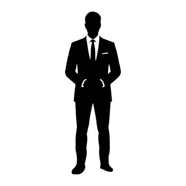 Siyah silueti olan bir adam öne bakıyor. O, ceket, gömlek ve kravat ile resmi bir takım elbise giyiyor. Elleri ceketinin cebinde duruyor. Arkaplan düz beyaz.