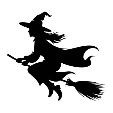 Bir cadının siyah silueti, bir süpürge sopasıyla uçan bir profilde tasvir edilir. Sivri uçlu bir şapka ve dalgalı bir pelerin giyiyor, saçları arkasında. Görüntü beyaz bir arkaplanda izole edilmiş, katıksız bir karşıtlık oluşturur.