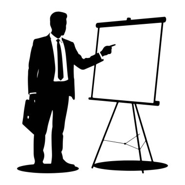 Takım elbiseli ve kravatlı bir işadamının siyah silueti, sol elinde bir evrak çantası, sağ işaret parmağıyla sehpadaki boş beyaz bir sunum tahtasını işaret ederek dimdik ayakta duruyor. Arkaplan beyaz.