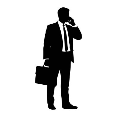 Takım elbiseli ve kravatlı bir adamın siyah silueti sağ kulağına bir cep telefonuyla konuşurken sol elinde bir evrak çantası tutuyor. Arkaplan beyaz.