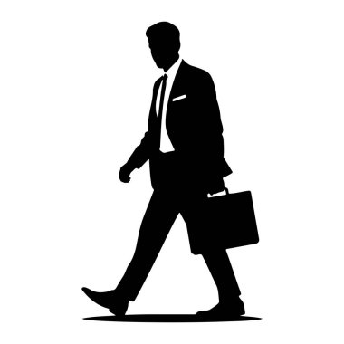 Takım elbiseli ve kravatlı bir adamın siyah silueti ileri doğru orta adım atarken tasvir edilir. O, sağ elinde bir evrak çantası tutuyor. Şekil beyaz bir arkaplanda izole edilmiştir..