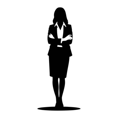 Siyah bir iş kadını silueti kollarını kavuşturmuş duruyor. O, etekli ve yakalı bluzlu resmi bir takım elbise giyiyor. Siluet beyaz bir arkaplanda izole edilmiş..
