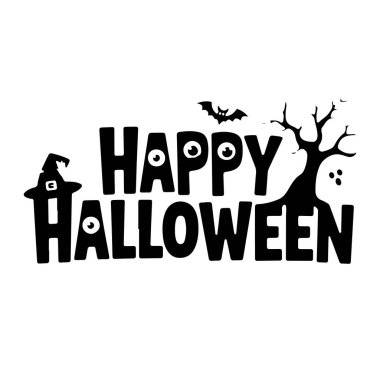 Siyah ve beyaz bir grafik çizimi cesur ve oyuncu harflerle Mutlu Cadılar Bayramı kelimelerini içerir. Mutluluğun H 'si bir cadının şapkasıyla yer değiştirir. Mutluluk kelimesinin üzerinde küçük bir yarasa uçar, ve dalları sağdan uzanan çıplak, ürkütücü bir ağaç 