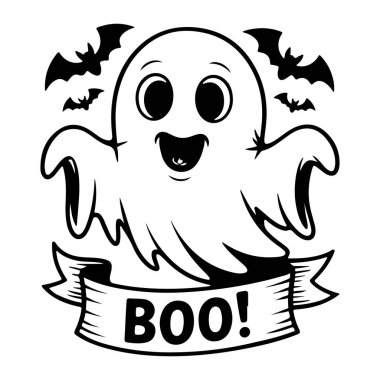 Büyüleyici bir karikatür çizimi, kocaman gözleri ve ağzı açık gülümseyen bir hayaleti yansıtır. İki siyah yarasa hayaletin kafasının iki tarafında da uçuşuyor. Hayaletin altında 