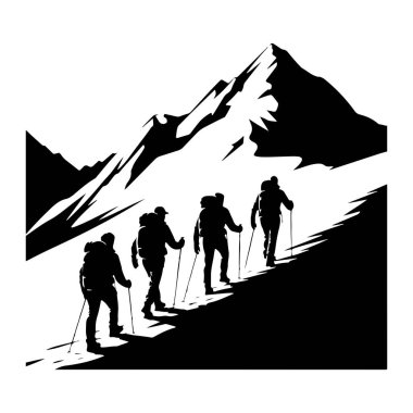 Siyah-beyaz bir grafik çizimi, dört dağcının dik ve engebeli bir dağ yamacına tırmandığını gösteriyor. Şekiller siluetli, sırt çantaları taşıyorlar ve yürüyüş sopaları kullanıyorlar. Sivri dağ zirveleri arka planda çarpıcı bir şekilde yükselir 