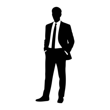 Elleri cebinde duran siyah bir adam silueti. Takım elbise ceketi, pantolonu, beyaz gömleği ve kravatı var. Resim beyaz arkaplana karşı temiz bir vektör grafiği..