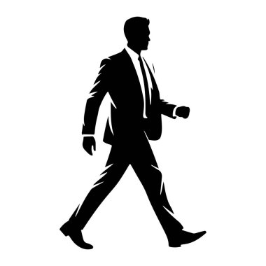 Takım elbiseli ve kravatlı bir adamın siyah silueti öne doğru yürürken resmedilir. Şekil profilden gösteriliyor, bir bacağı öne, diğeri arkaya doğru uzanıyor, bu da hareketi gösteriyor. Takım elbise keskin ve terziye benziyor, yaka gibi detaylarla ve... 