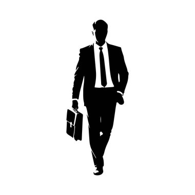 Takım elbiseli ve kravatlı bir adamın siyah silueti sol elinde bir evrak çantası tutarak öne doğru yürür. Sağ eli cebinde duruyor. Şekil beyaz bir arkaplanda izole edilmiştir..